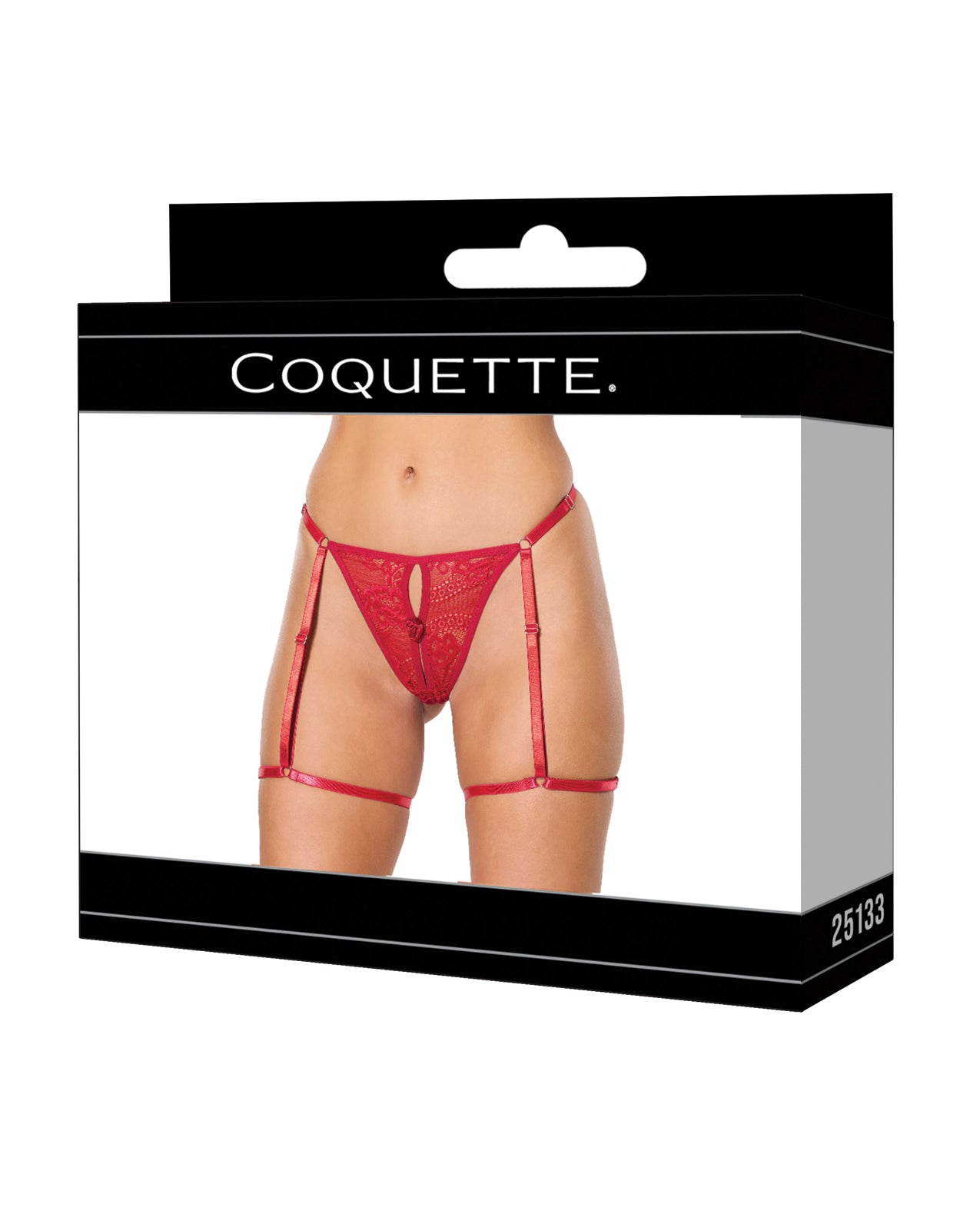 Lace Thong w/Garters and Bow Detail - Red LG by Coquette international