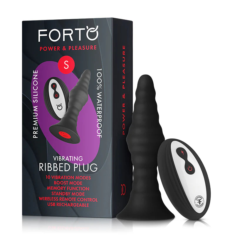Forto Vibrating Ribbed Plug Rechargeable Remote-Controlled Silicone Anal Plug Small Black by Vvole