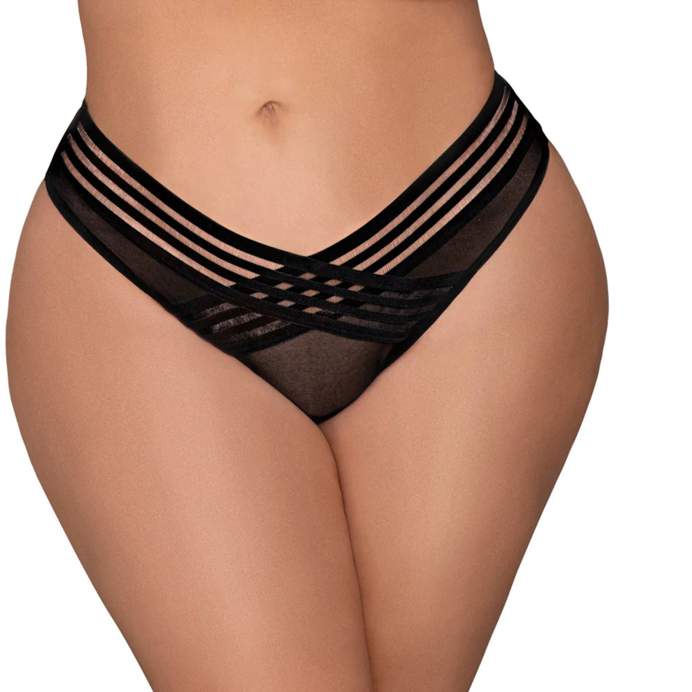 Dreamgirl Mesh Thong with Shadow Stripe Elastic Front Detail Black 3X Hanging by Dreamgirl International