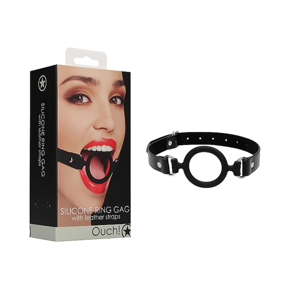 Ouch! Adjustable Silicone Ring Gag With Leather Straps Black by Shots America LLC