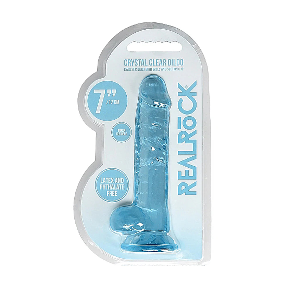 RealRock Crystal Clear Realistic 7 in. Dildo With Balls and Suction Cup Blue by Shots America LLC