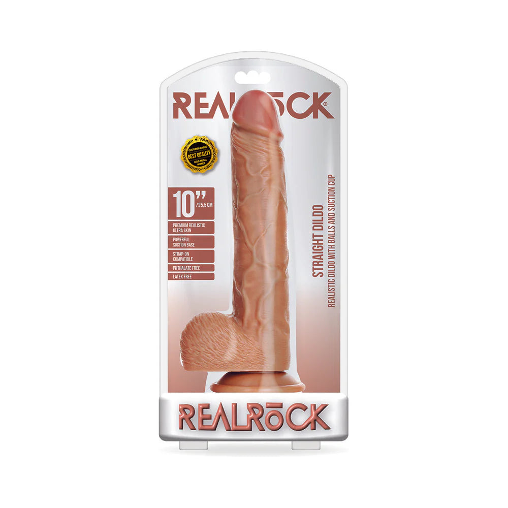 RealRock Realistic 10 in. Straight Dildo With Balls and Suction Cup Tan by Shots America LLC