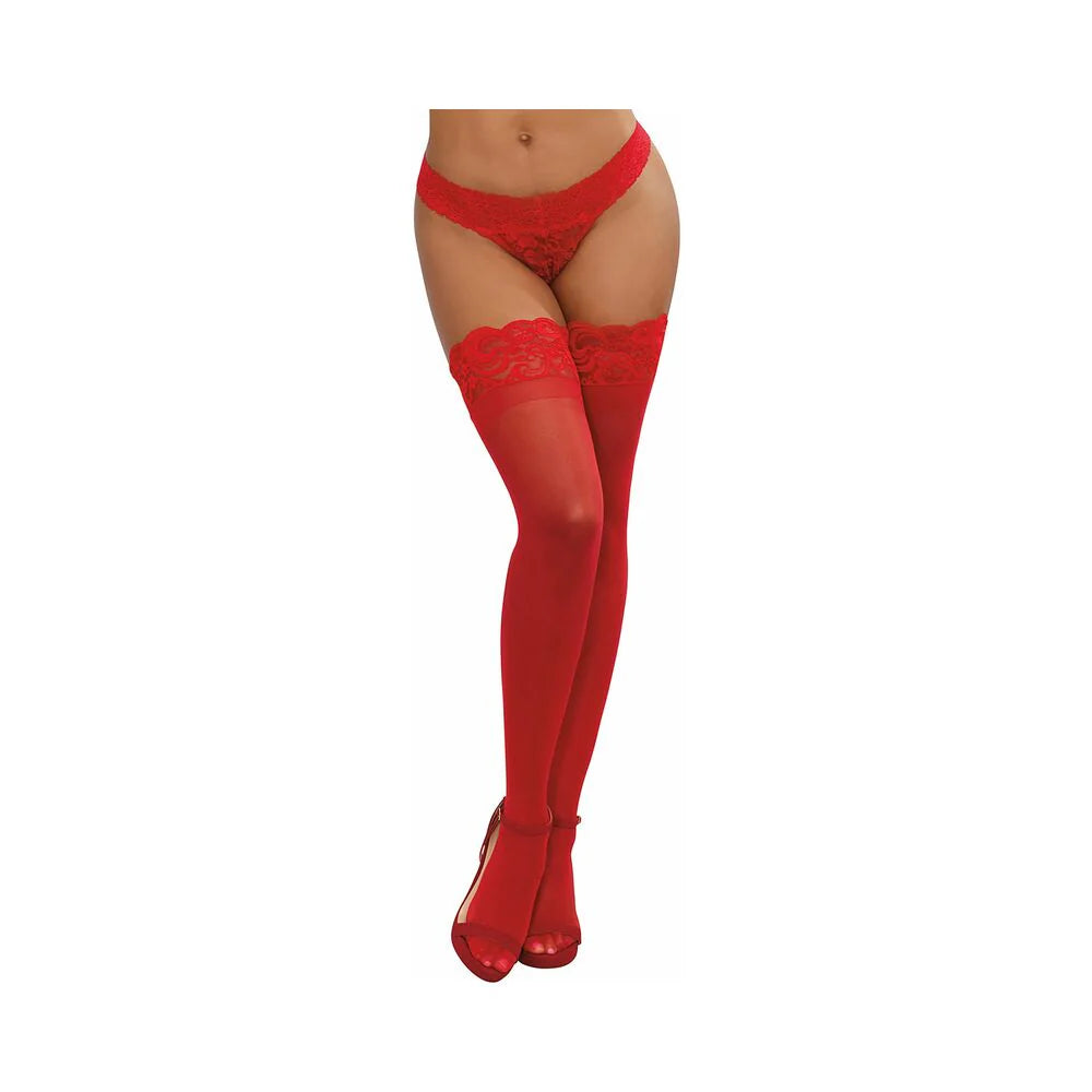 Dreamgirl Sheer Thigh-High Stockings with Silicone Lace Top Red OS by Dreamgirl International
