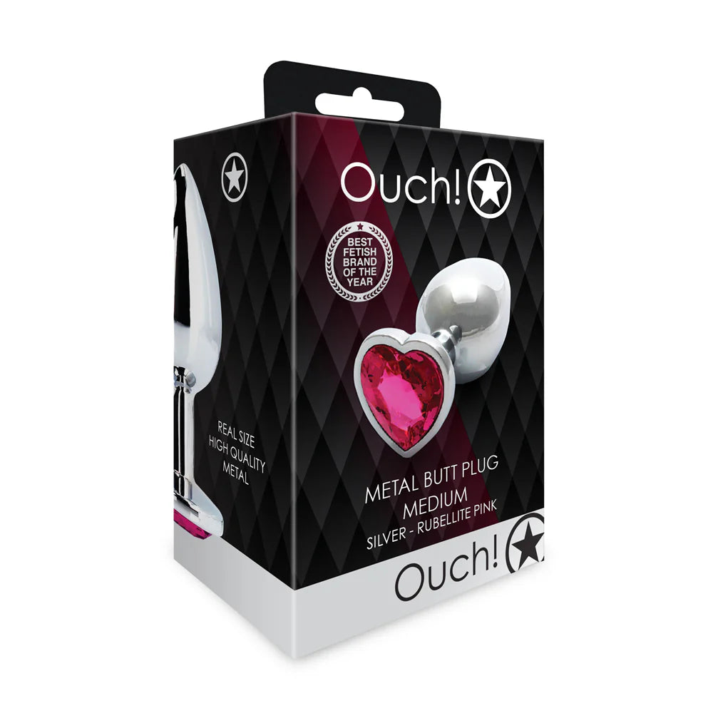 Ouch! Heart Gem Butt Plug Medium Silver/Rubellite Pink by Shots America LLC