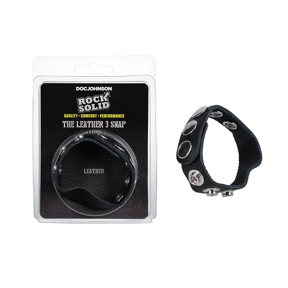 Rock Solid Adjustable Leather 5-Snap Cock Ring Black by Doc Johnson