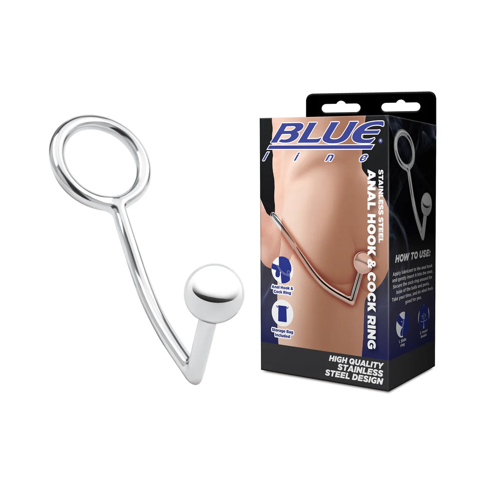 Blue Line Stainless Steel Anal Hook & Cock Ring by Electric EEL Inc.