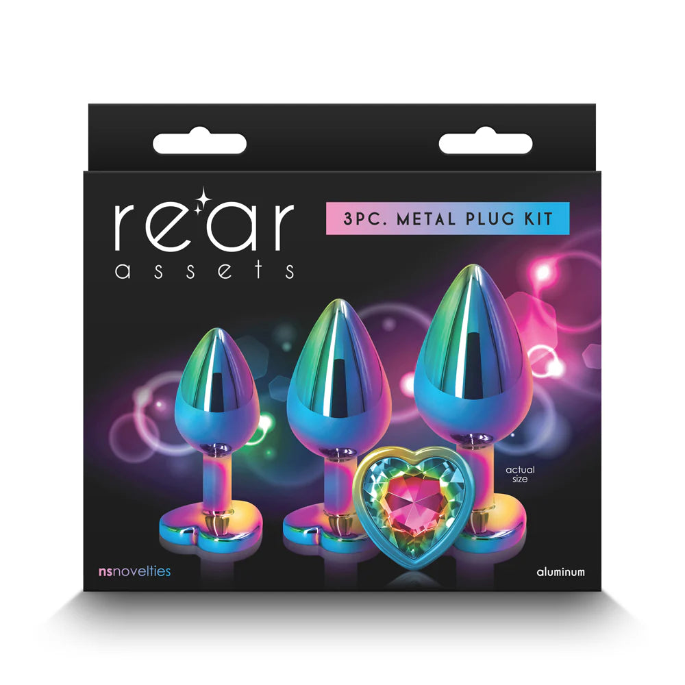 Rear Assets 3-Piece Metal Plug Kit Multicolor/Rainbow Heart by New Sensations Novelties Inc.