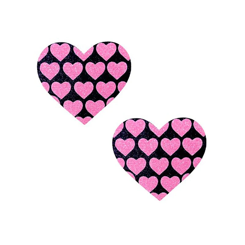 Neva Nude Pink Heart UV Valentines Black Glitter Heart Nipztix Pasties by Neva Nude LLC