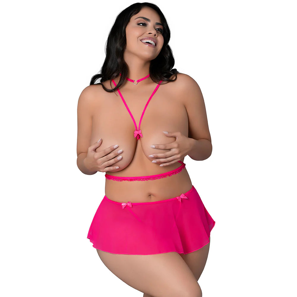 Magic Silk Pink Kink Harness Top, Open Crotch Skirt Panty & Choker Pink Glow Queen Size by Magic Silk
