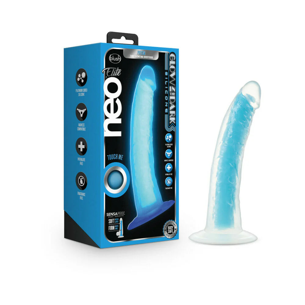 Neo Elite Glow in the Dark Prysm 7 in. Silicone Dual Density Dildo Neon Blue by Blush