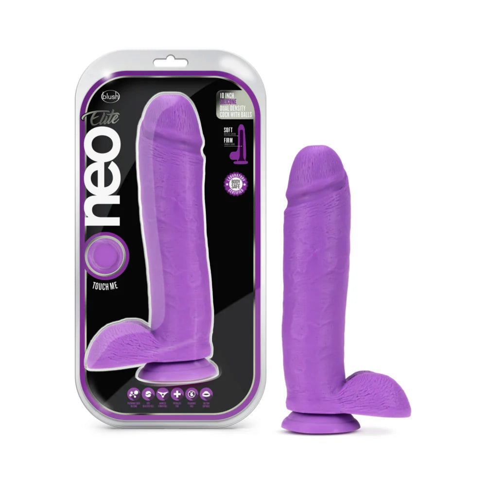 Neo Elite 10 in. Silicone Dual Density Dildo with Balls & Suction Cup Neon Purple by Blush