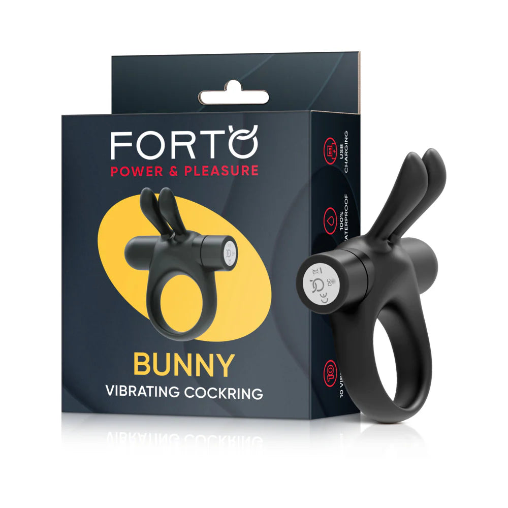 Forto Bunny Rechargeable Silicone Vibrating Cockring with Stimulating Ears Black by Vvole