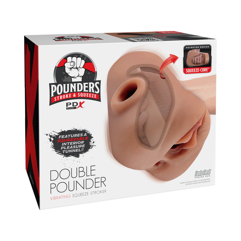 PDX Plus Double Pounder Vibrating Squeeze Stroker Brown