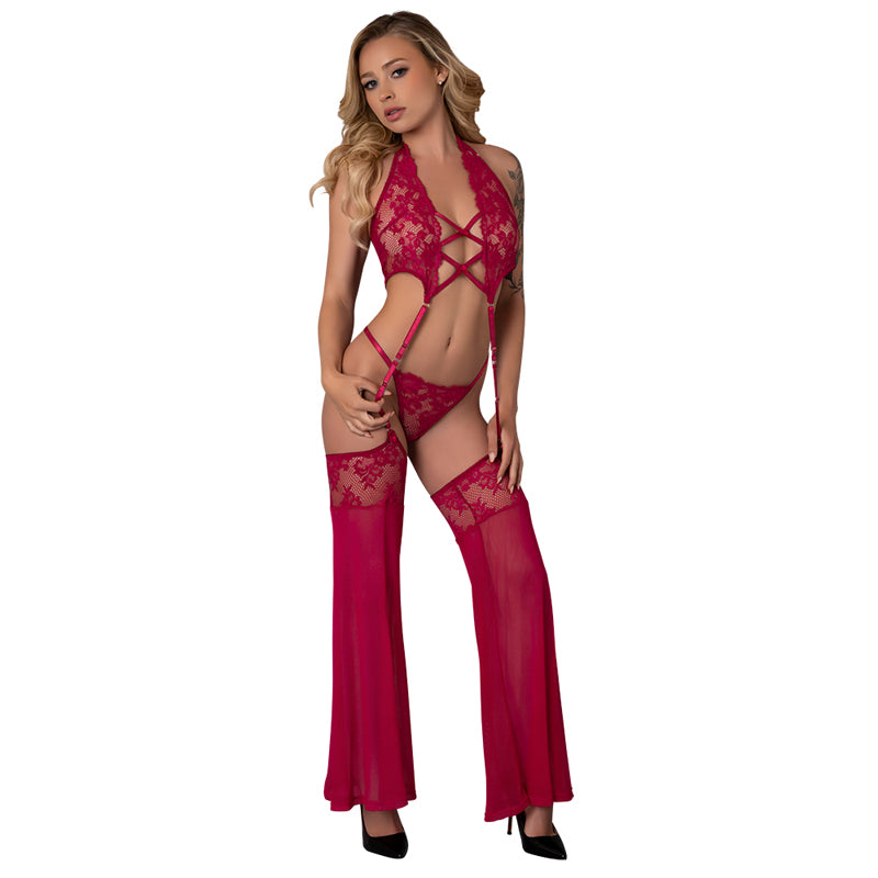 Magic Silk Black Cherry Plunge Top with Removable Chaps & Cheeky Panty Cherry L/XL