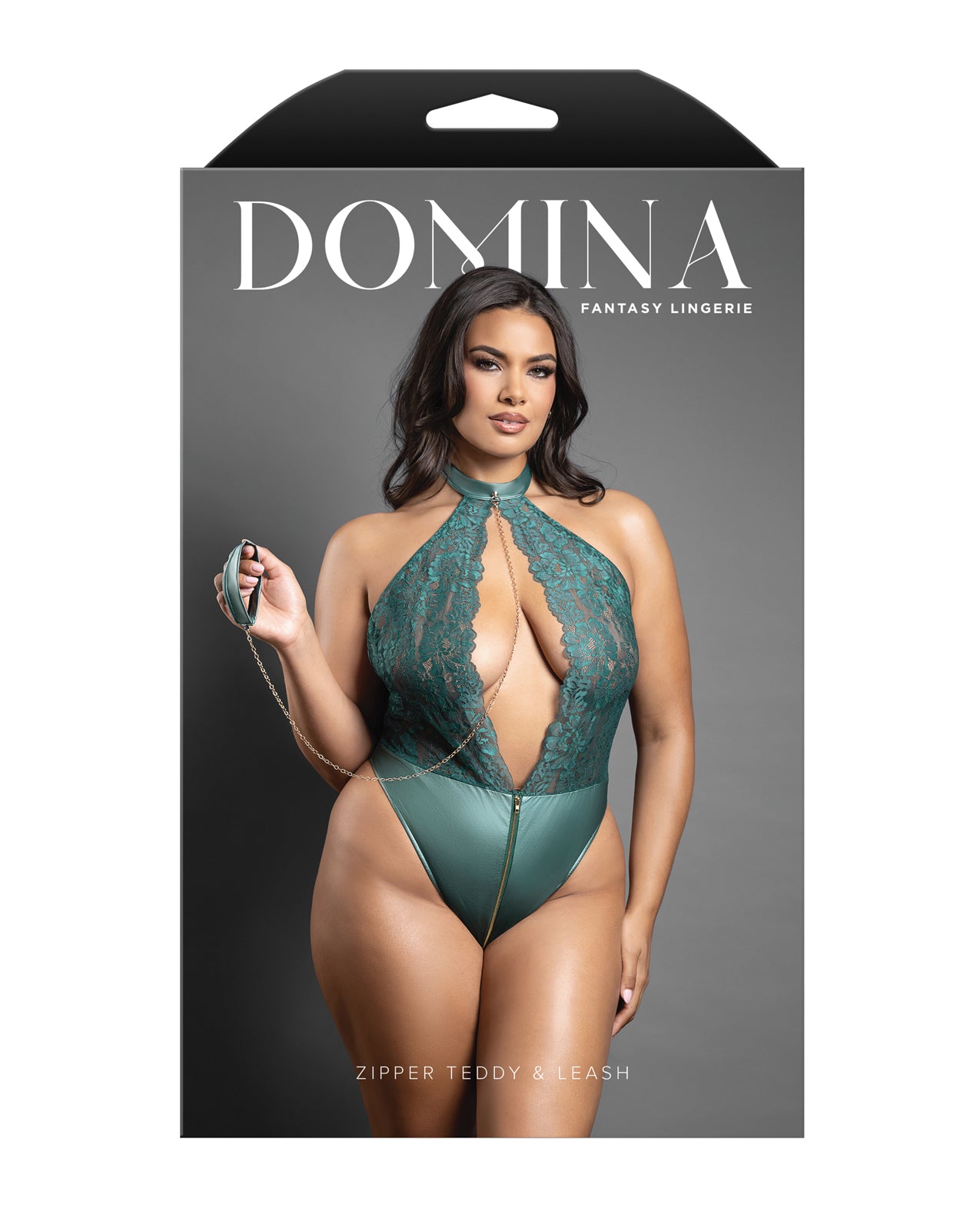 Domina Lace Halter Teddy w/Zipper Detail & Detachable Chain-Link Leash - Green QN by Domina by Fantasy