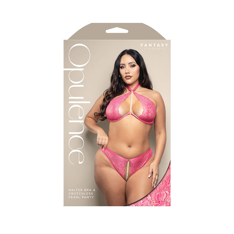 Fantasy Lingerie Opulence Pearl Accent Halter Bra & Adjustable Crotchless Pearl Panty Hot Pink Queen Size by Fantasy Lingerie