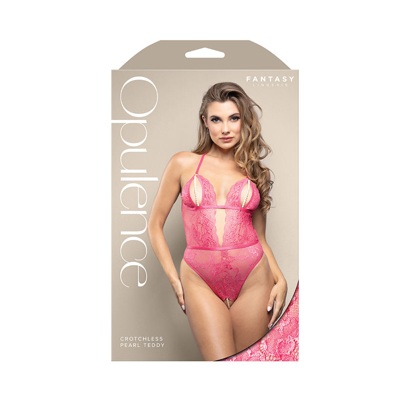 Fantasy Lingerie Opulence Split Pearl Cup Crotchless Teddy with Adjustable Pearl G-String Hot Pink L/XL by Fantasy Lingerie