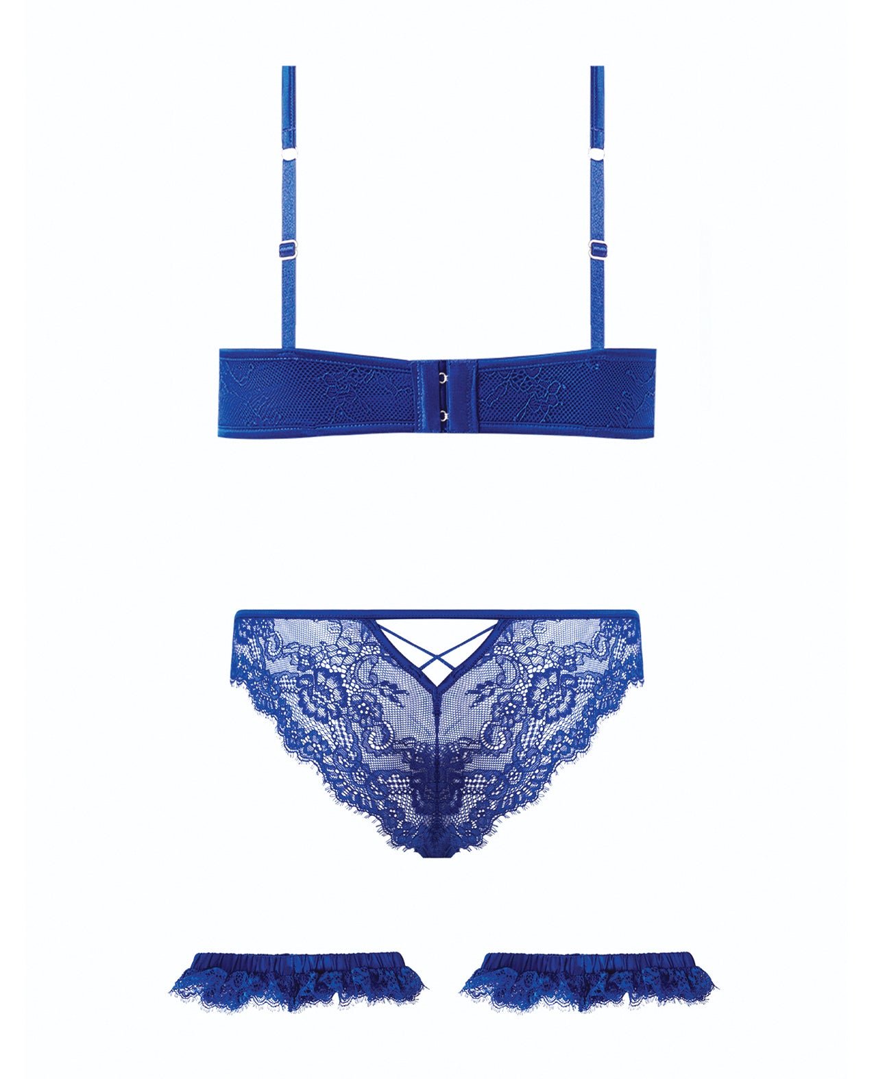 Madeline Lace & Mesh Bra, Garters, & Panty - Cobalt Blue LG by House of Desire