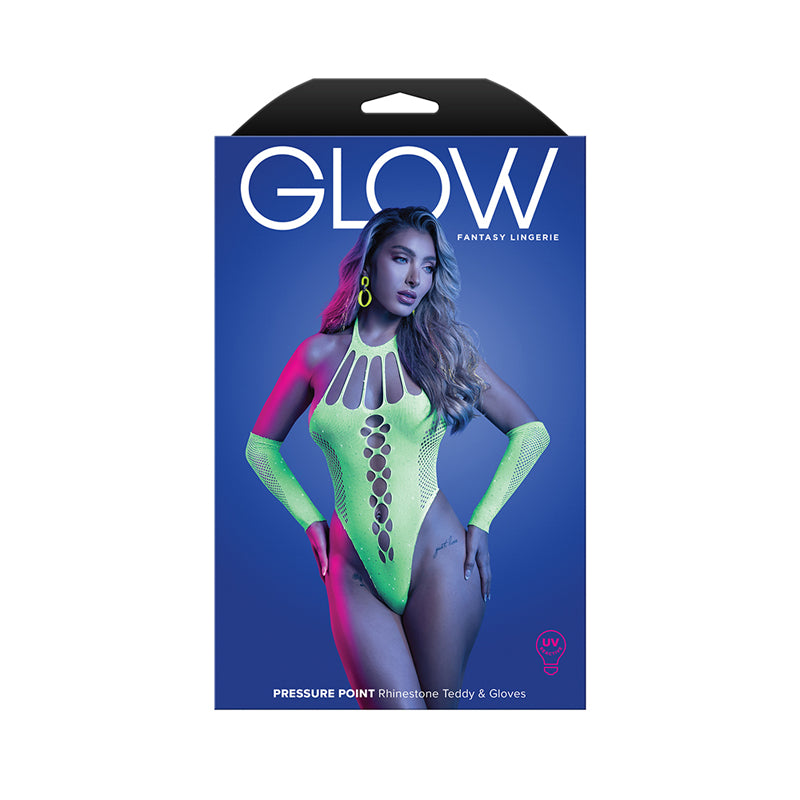 Fantasy Lingerie Glow Pressure Point UV Rhinestone Knit Teddy & Matching Gloves O/S by Fantasy Lingerie