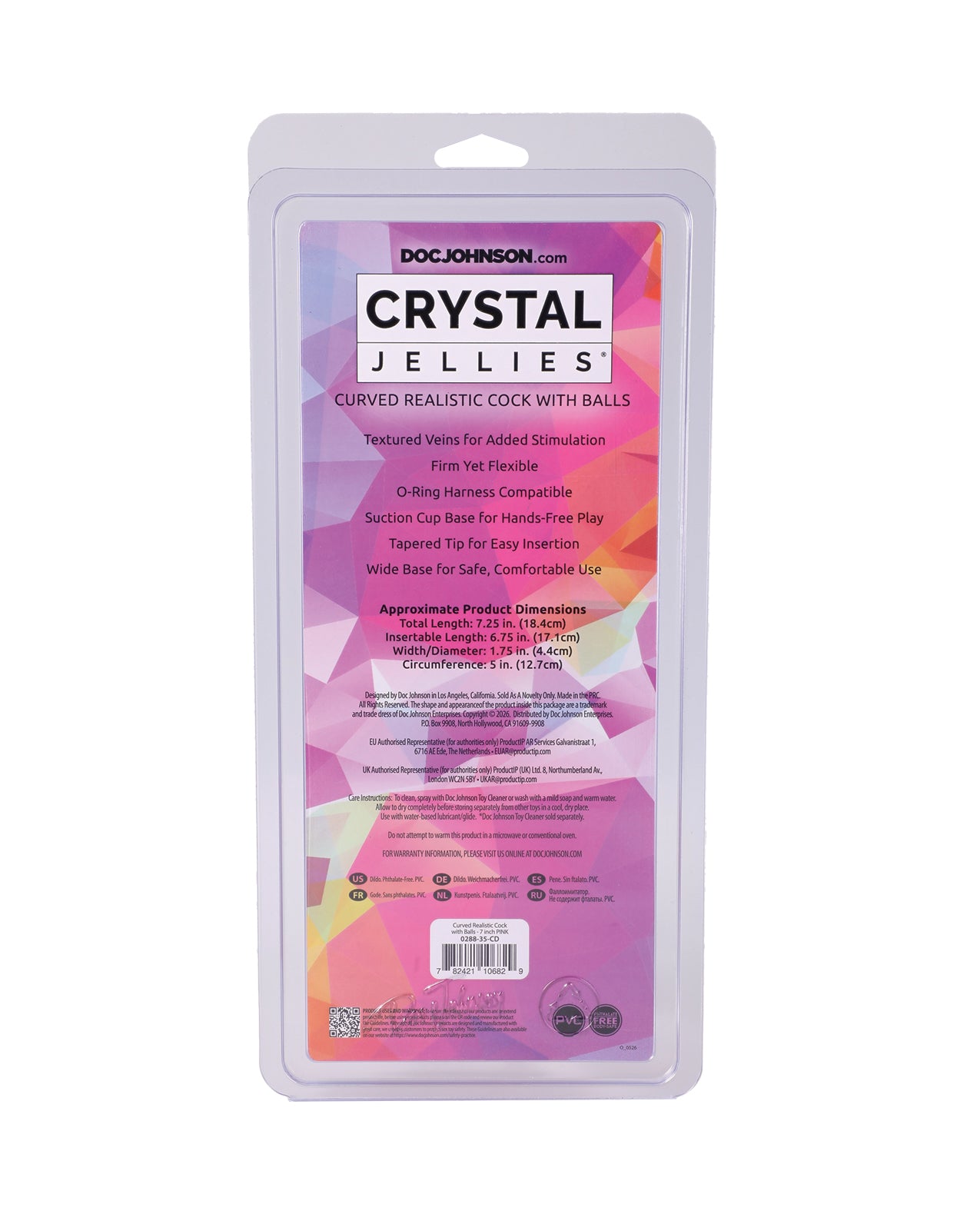 Crystal Jellies Curved 7" Realistic Cock w/Balls - Pink by Crystal Jellies