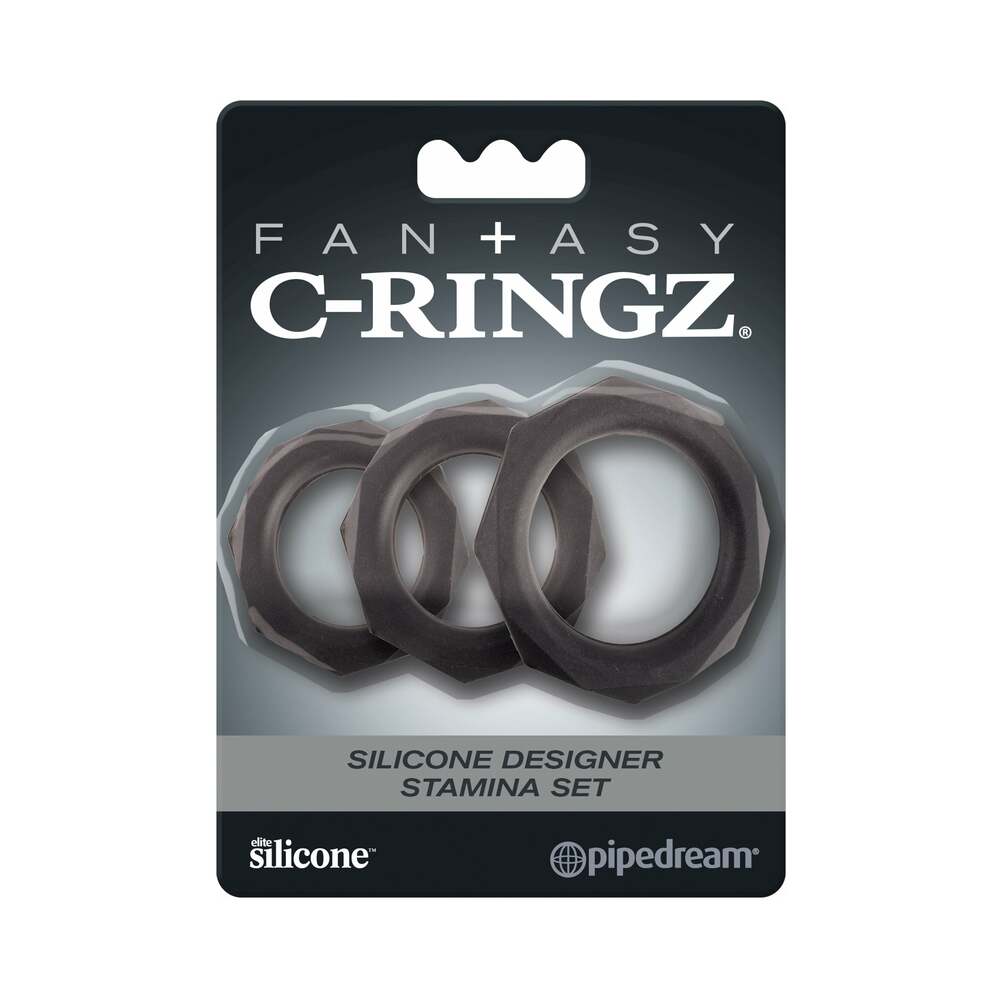 Fantasy C-Ringz Silicone Designer Stamina 3-Piece Cockring Set Black by Pipedream