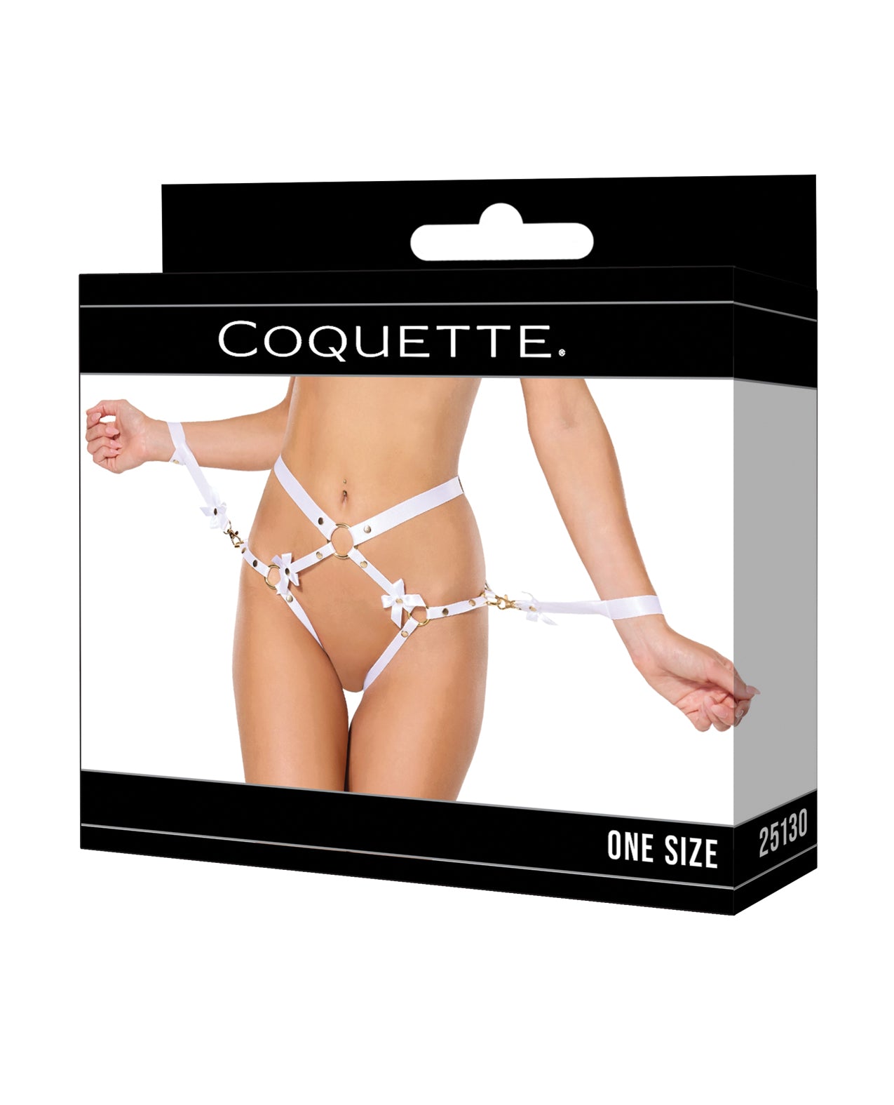 Satin Ribbon w/Elastic Harness & Cuffs Set - White/Gold O/S by Coquette International