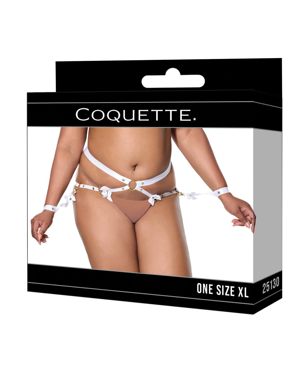 Satin Ribbon w/Elastic Harness & Cuffs Set - White/Gold QN by Coquette International