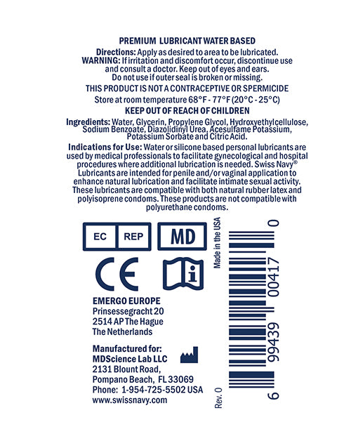 Swiss Navy Water Based Lube - 1 oz Bottle by M.D. Science Lab