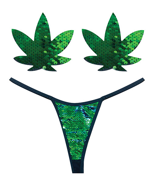 Neva Nude Naughty Knix Weed Leaf Sequin G-String & Pasties - Green O/S by Neva Nude