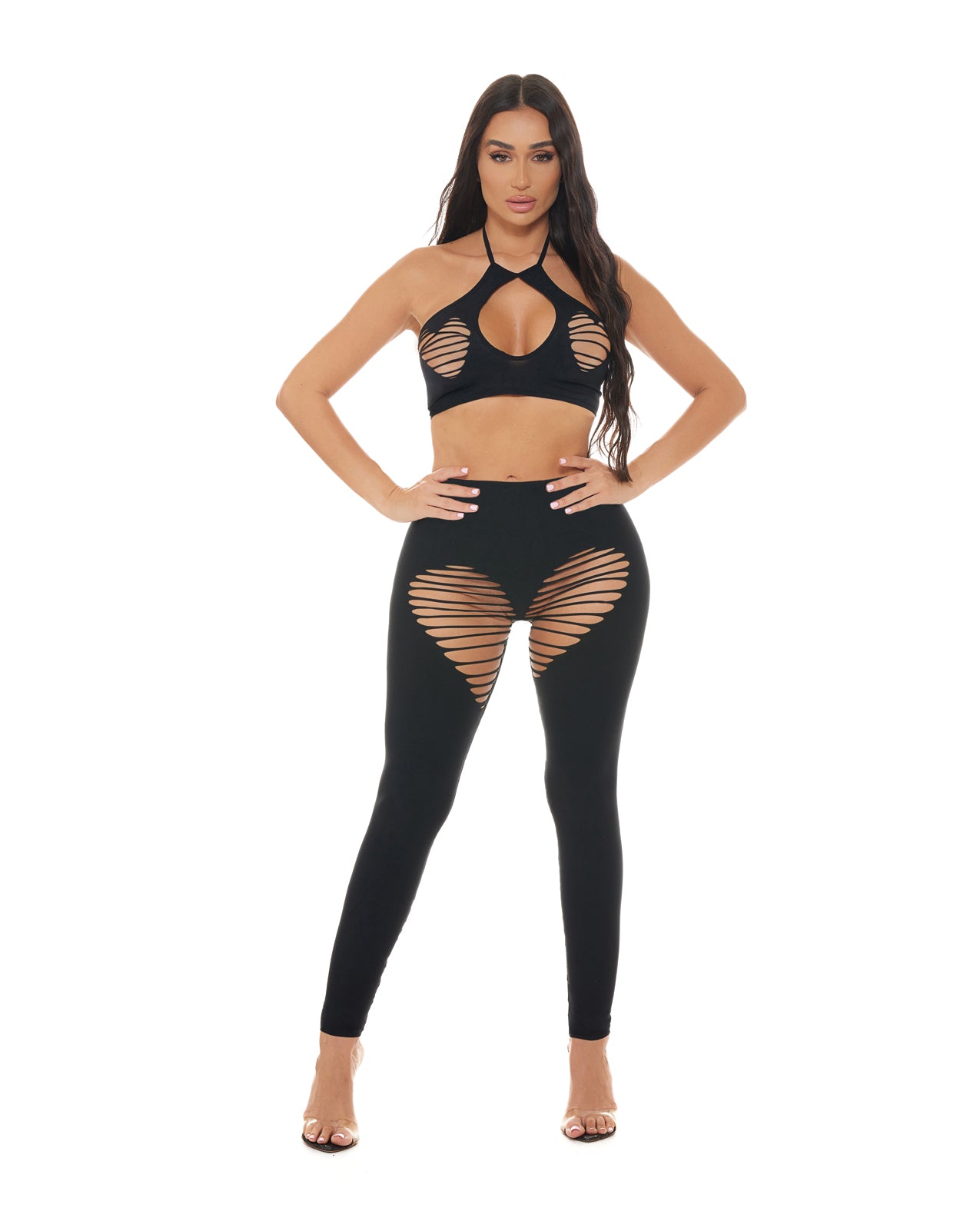 Pink Lipstick Heart Rate Halter Bra & Leggings 2 pc Set - Black O/S by Rene Rofe