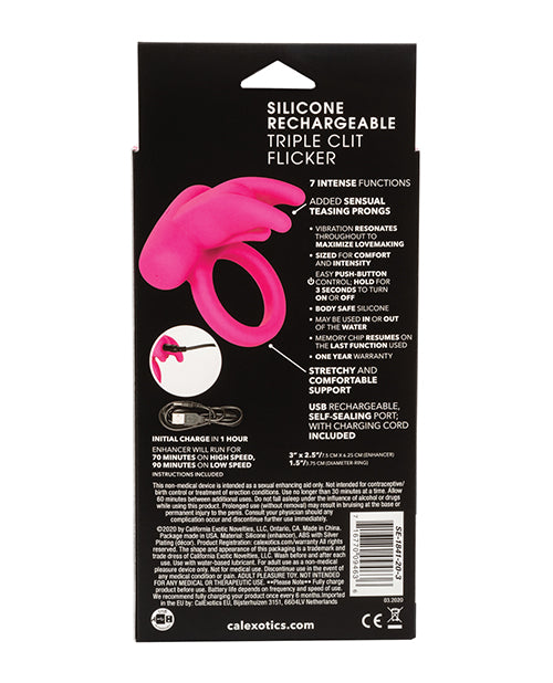 Silicone Rechargeable Triple Clit Flicker - Pink by California Exotic Novelties