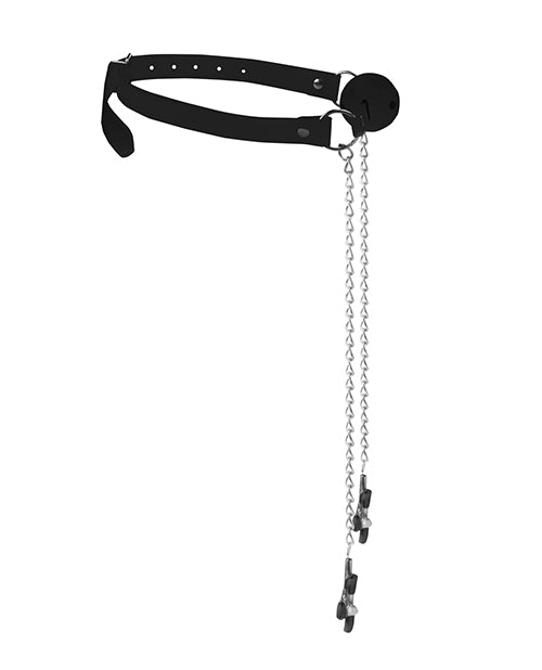 Shots Ouch Black & White Breathable Ball Gag w/Nipple Clamps - Black by Shots America LLC