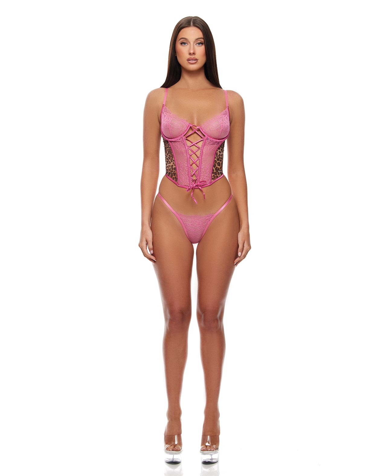 Animal Instincts Mesh Bustier & Panty 2 pc Set - Pink Leopard XL