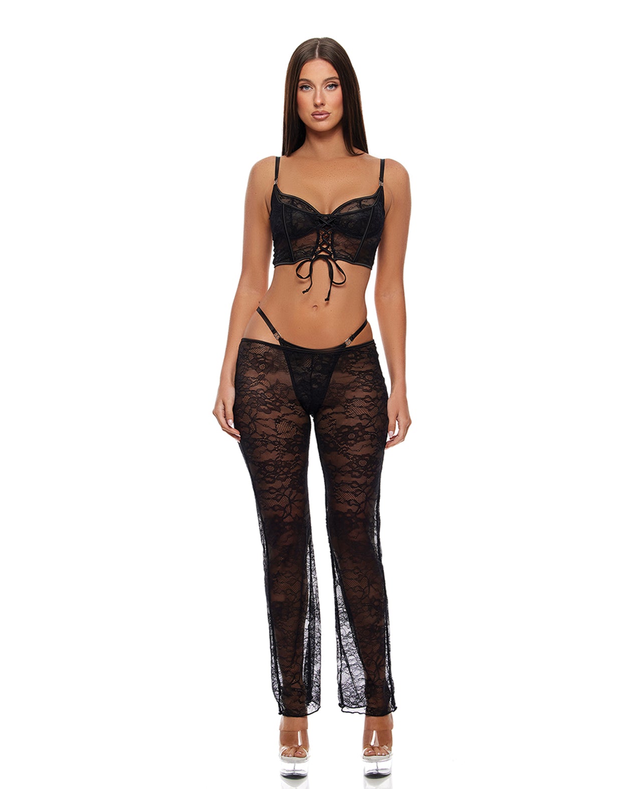 Layer of Seduction Lace Bra, Thong, & Pants 3 pc Set - Black SM