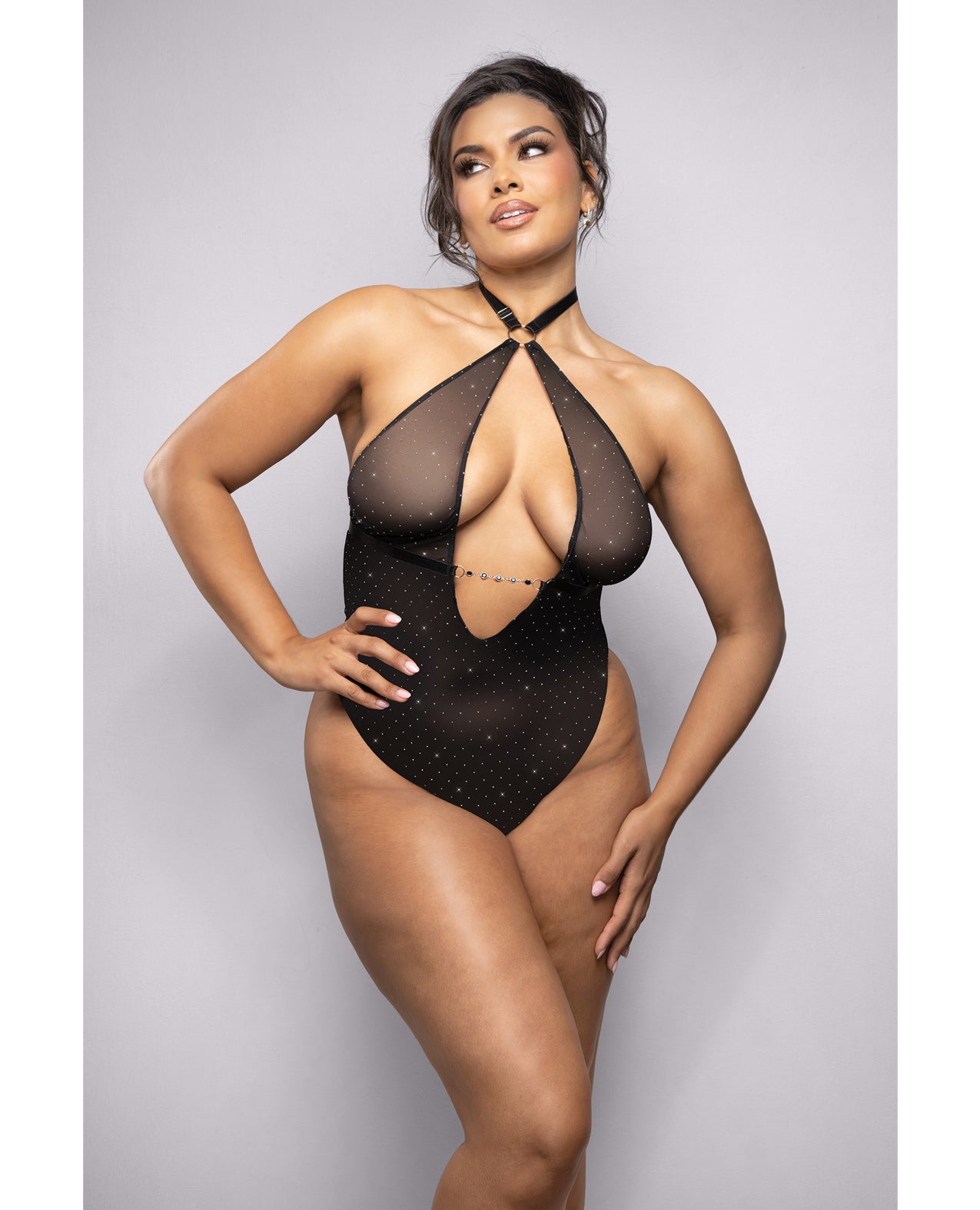 Rhinestone Mesh Halter Teddy w/Jeweled Center Strap - Black 1X/2X