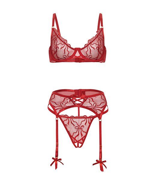 Mariah Embroidered Lace and Mesh Underwire Bra w/Garter & G-String 3 pc Set - Burgundy XL by Oh La La Cheri