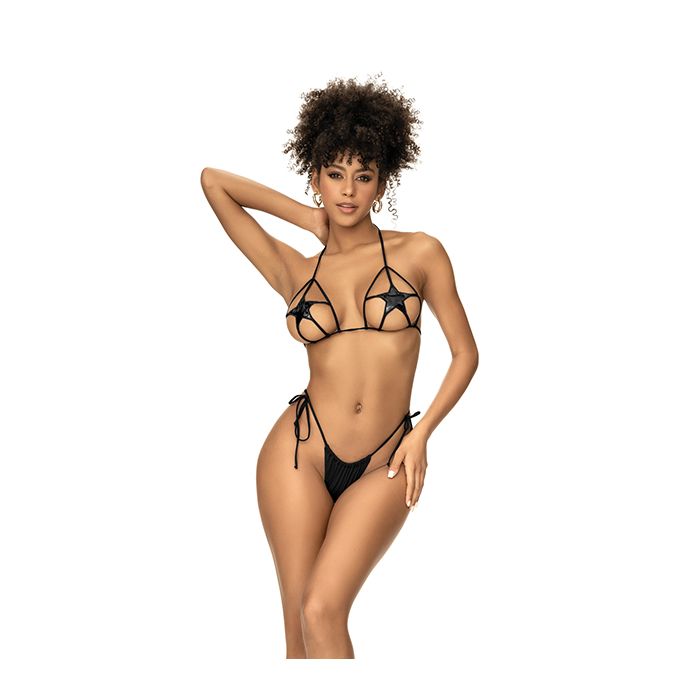 Star Dancer Wet Look Top w/Matte Side Tie Thong 2 pc Set - Black L/XL