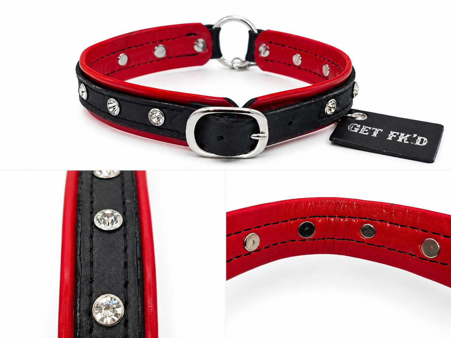 Get Fk’d - Red Lined Leather Rhinestone Collar – Handcrafted Genuine Leather by Lisa's Custom Leathercraft & Repair