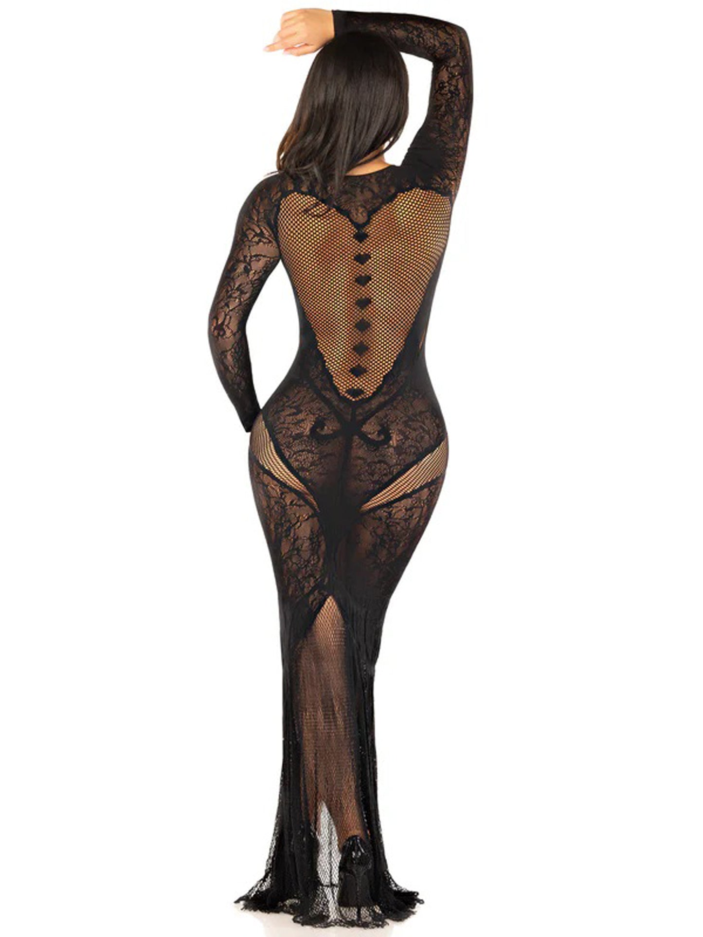 Leg Avenue -Black Lace and Net Body Con Gown - With Heart Keyhole Detail - Os by Leg Avenue