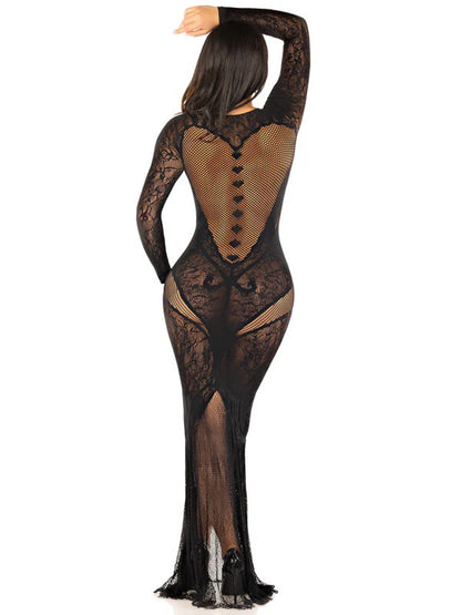 Leg Avenue -Black Lace and Net Body Con Gown - With Heart Keyhole Detail - Os by Leg Avenue