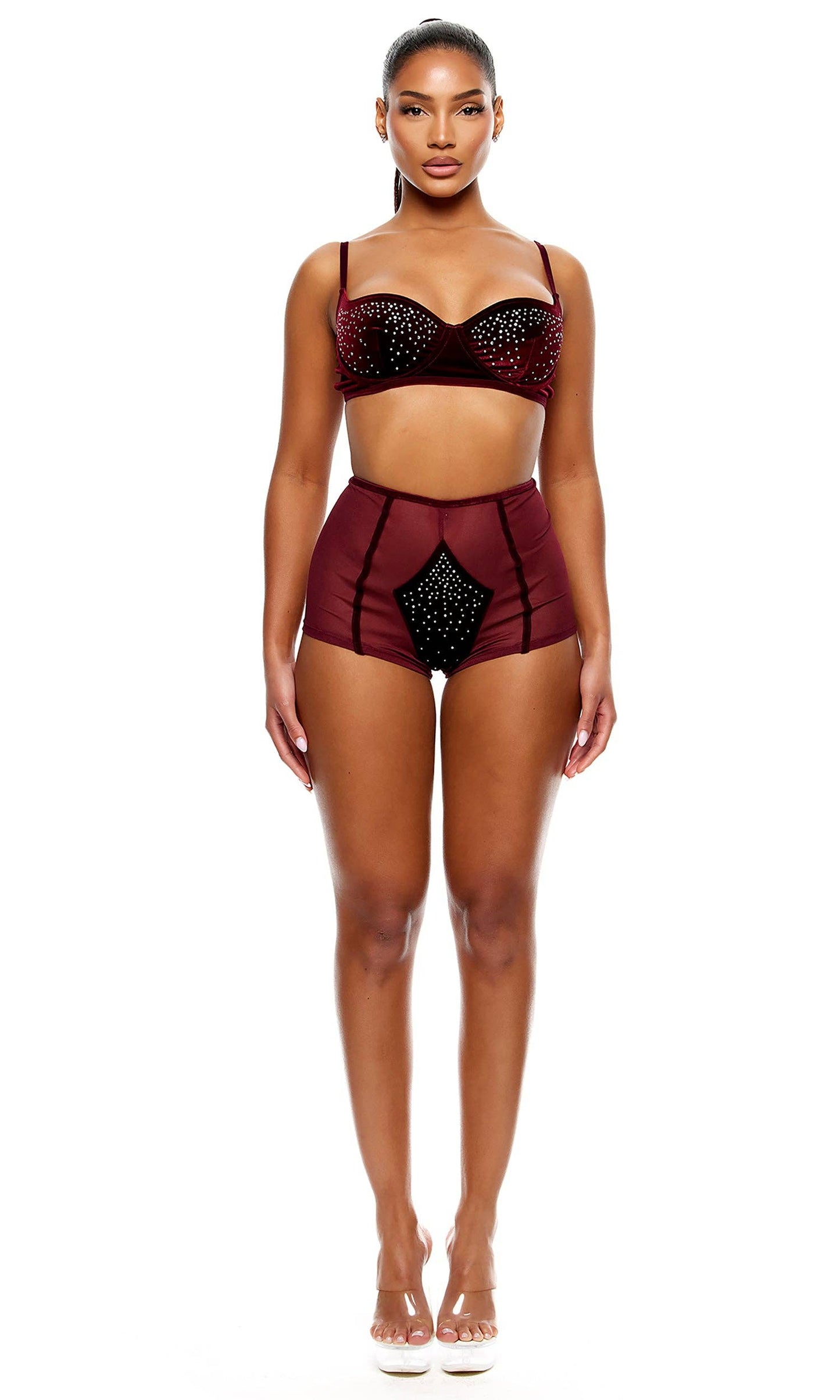 Caught Your Eye Velvet Rhinestone Bra and Briefs Lingerie Set - Wine