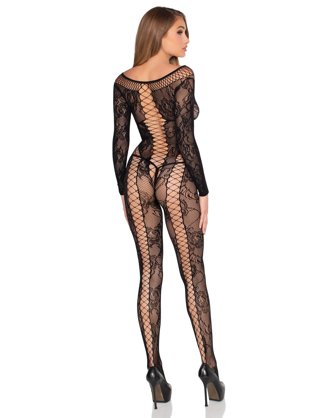 Net and Lace Crotchless Lingerie Jumpsuit - Os - Black by Leg Avenue