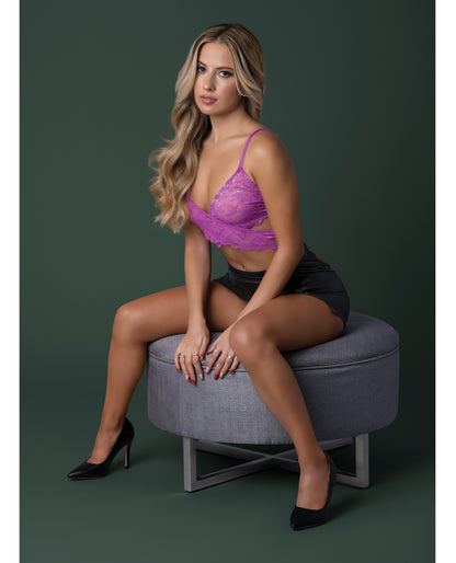 Butterfly Fantasies Cross Over Bralette w/Thong and Garter 3 pc Set - Neon Purple S/M by Magic moments int'l