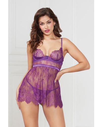 Floral Eyelash Lace Underwire Purple Babydoll w/Thong by Seven 'til midnight costume
