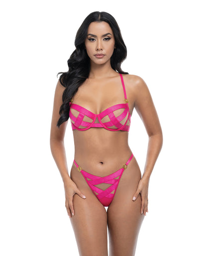 Raelynn Satin Strappy Underwire Bra w/G-String 2 pc Set - Pink Yarrow XL by Oh la la cheri