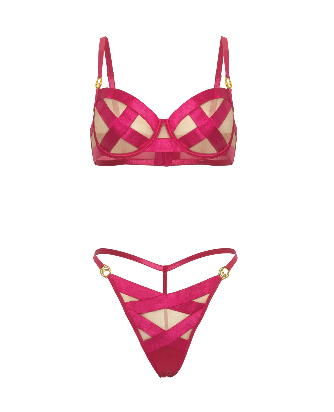 Raelynn Satin Strappy Underwire Bra w/G-String 2 pc Set - Pink Yarrow XL by Oh la la cheri