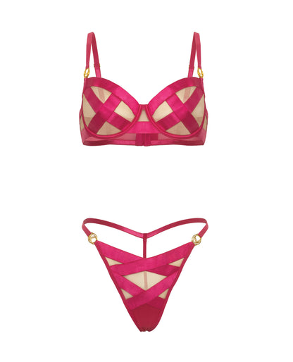 Raelynn Satin Strappy Underwire Bra w/G-String 2 pc Set - Pink Yarrow XL by Oh la la cheri