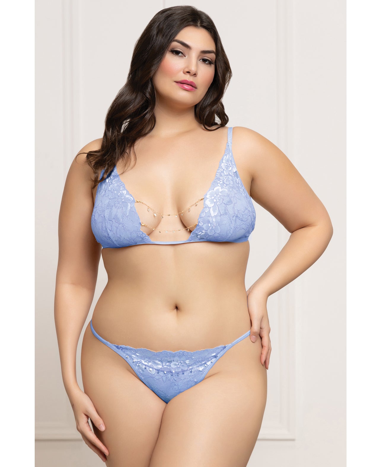 Lace Triangle Top & G-String with Rhinestone Details - Periwinkle Blue QN by Seven 'til midnight costume