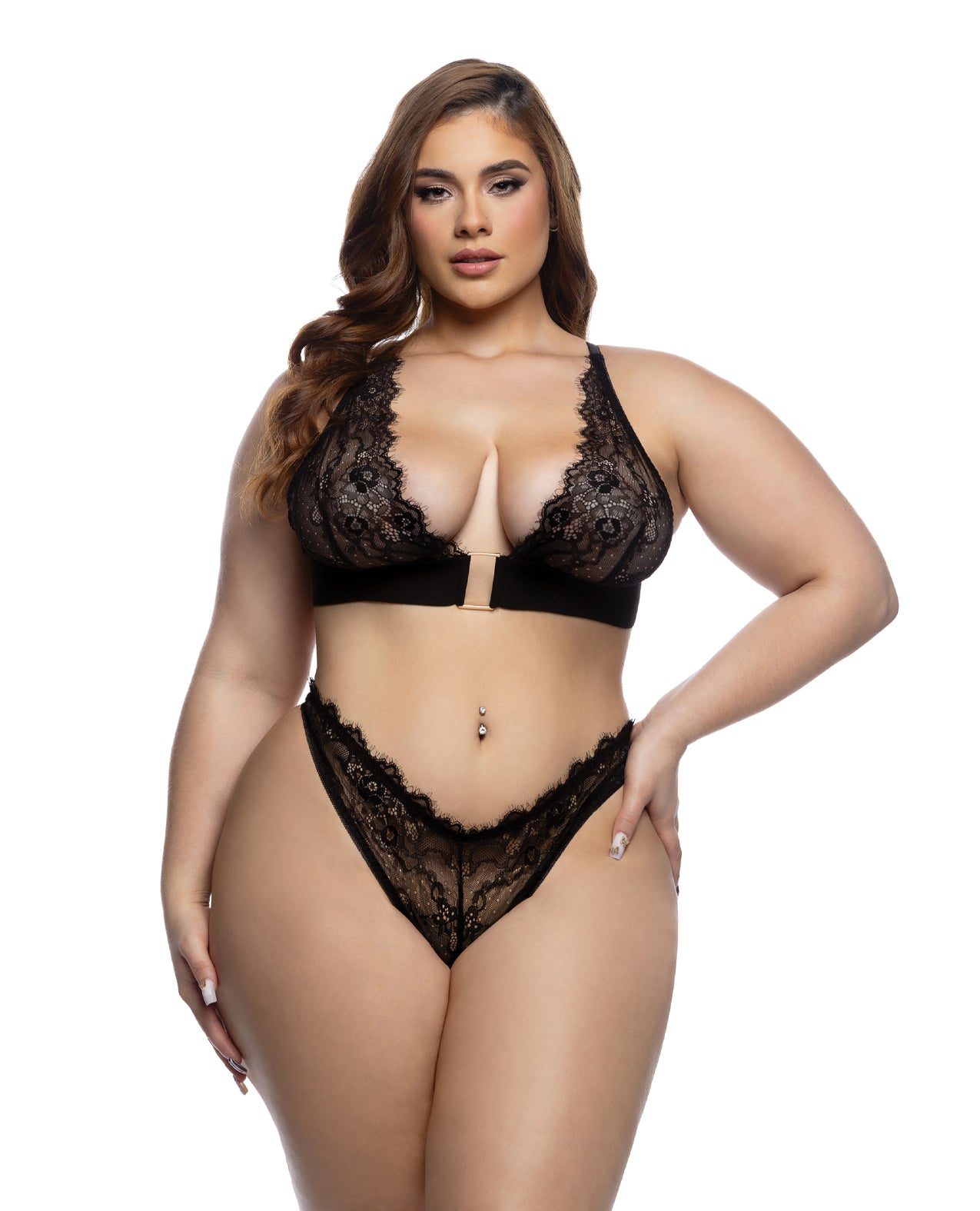 Fever Dream Chantilly Eyelash Lace and Stretch Satin Bralette w/Thong - Black 1X by Roma costume inc