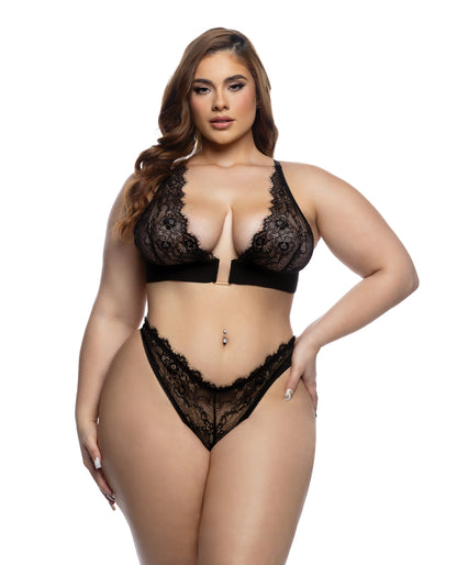 Fever Dream Chantilly Eyelash Lace and Stretch Satin Bralette w/Thong - Black 1X by Roma costume inc